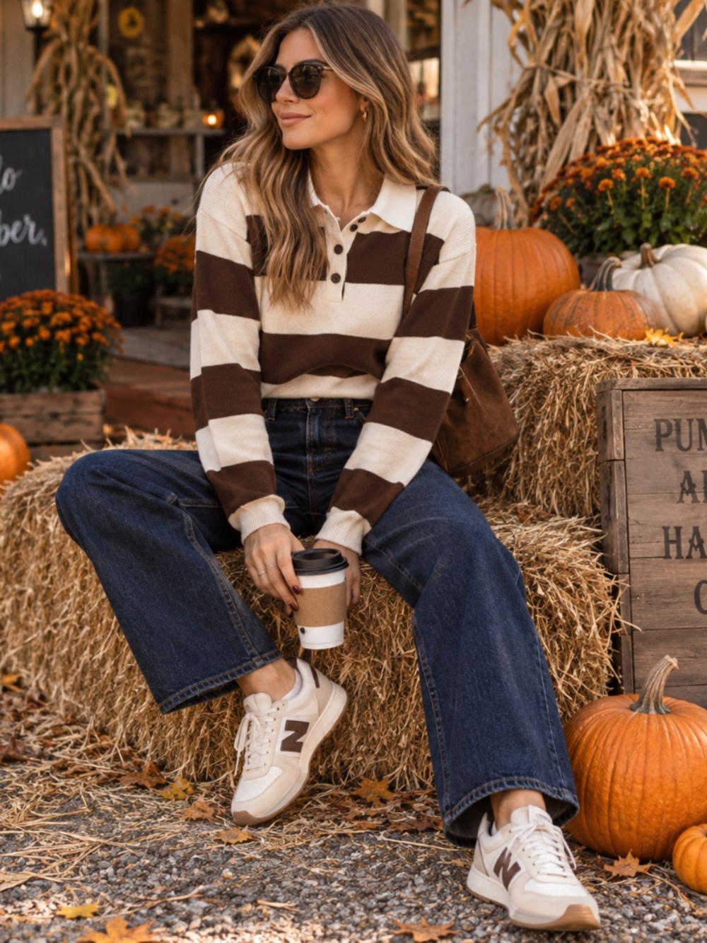 DKNY Jeans Rugby Polo Sweater Striped Brown & Cream 100% Cotton Size L NWT